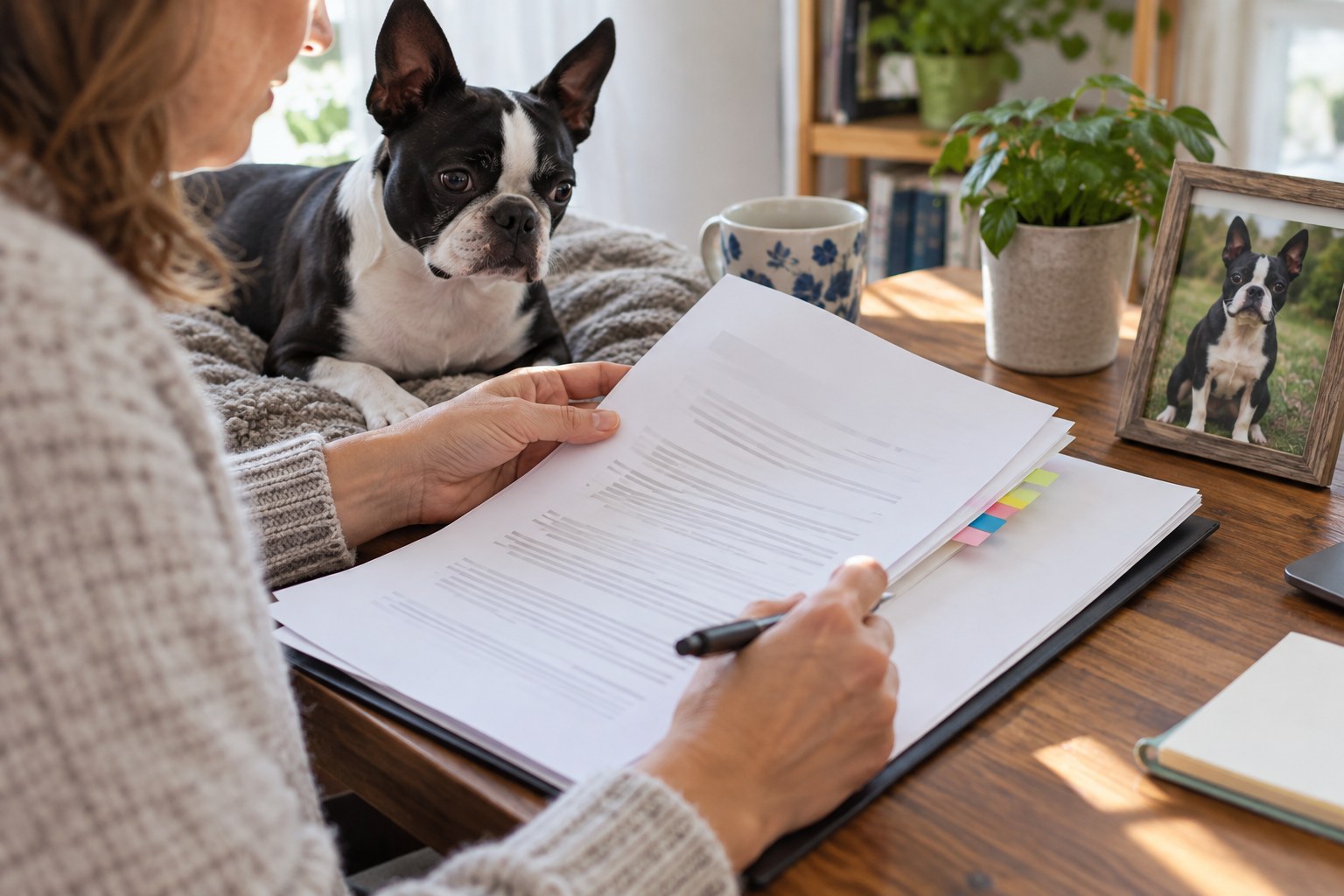 An adult reviews a tabbed document folder beside a framed Boston Terrier photograph and a resting dog.