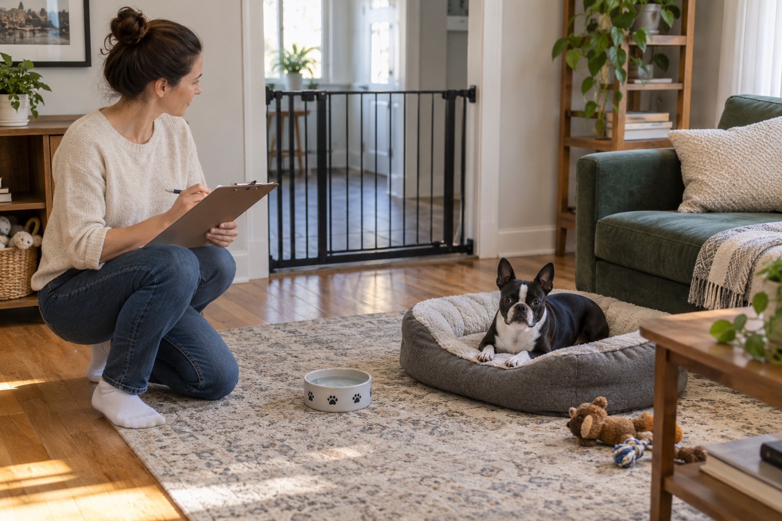 An adult checks a living-room layout with a clipboard beside a pet gate, dog bed and water bowl.