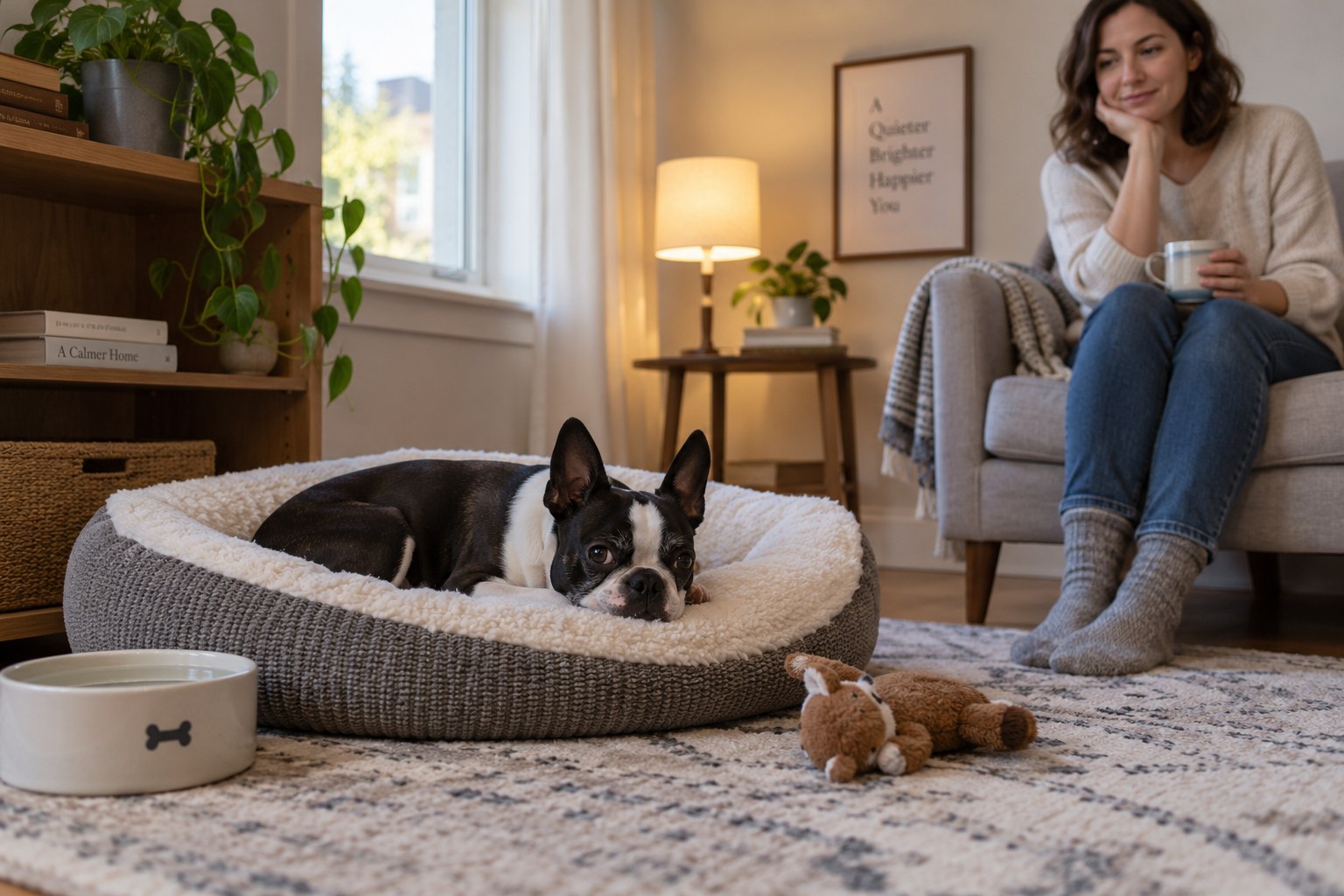 A Boston Terrier rests on a bed in a quiet living room while an adult sits at a distance.