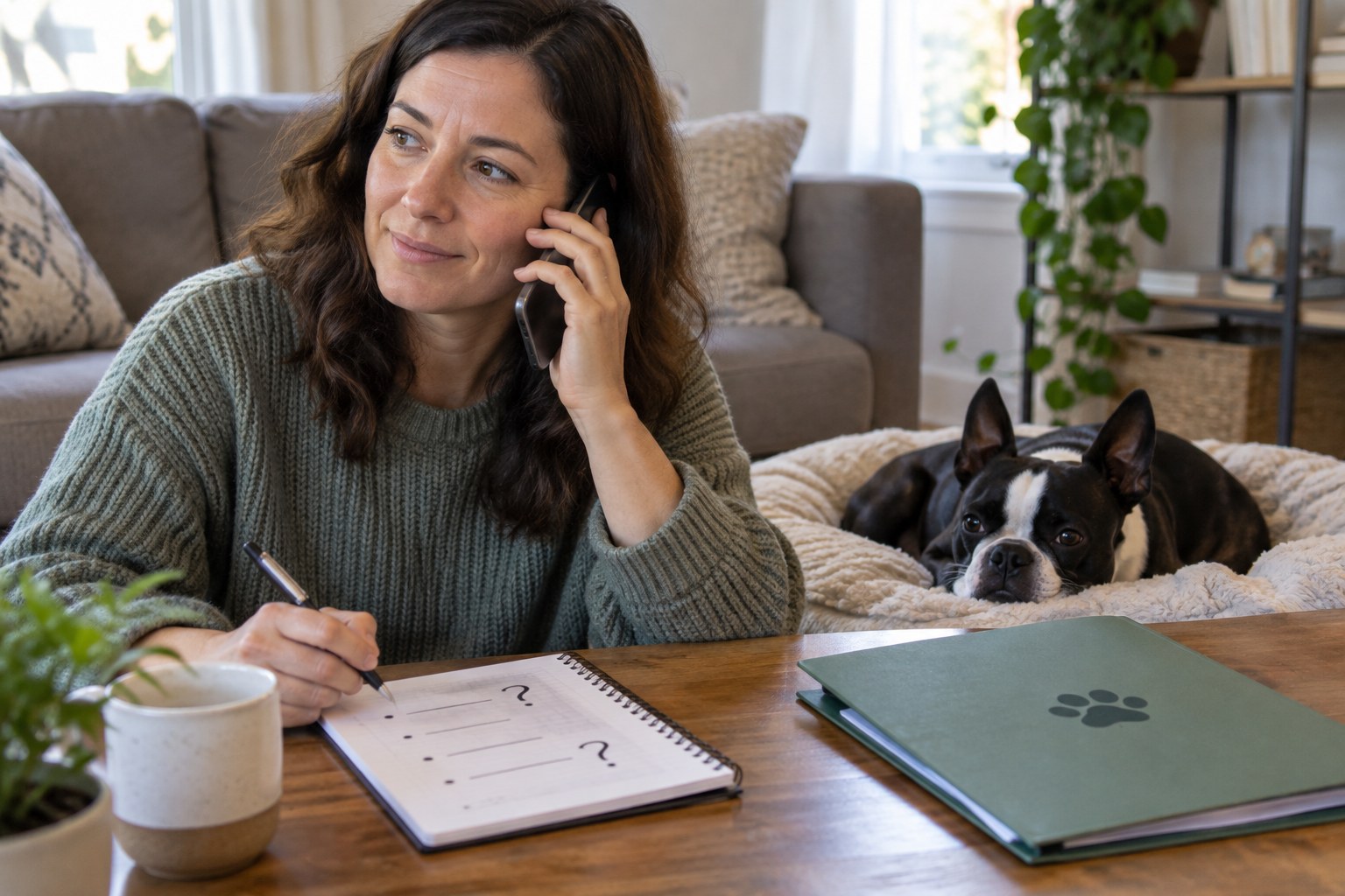 An adult makes a phone call beside a question notebook while a Boston Terrier rests nearby.