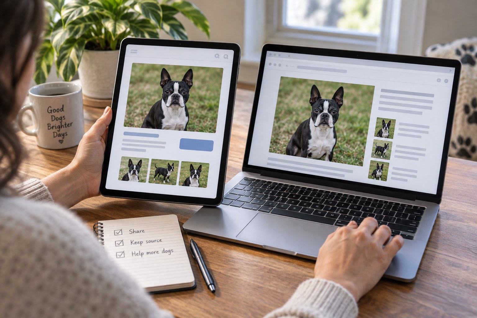 Generic dog-listing pages with a Boston Terrier photograph are compared on a tablet and laptop.