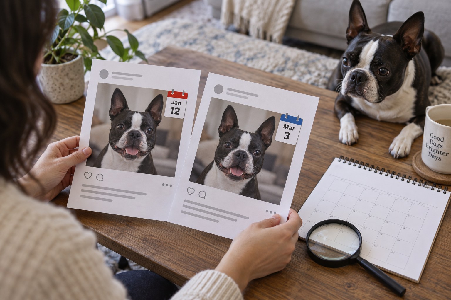 Two illustrative Boston Terrier social-post printouts with different calendar dates are compared beside a calendar.