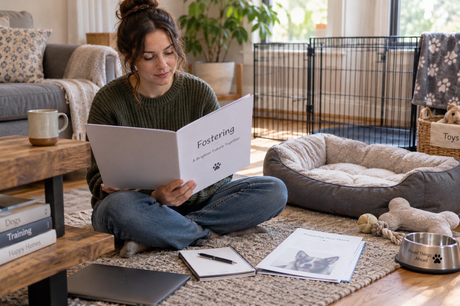 An adult reads a generic fostering folder beside an empty dog bed and household pen.