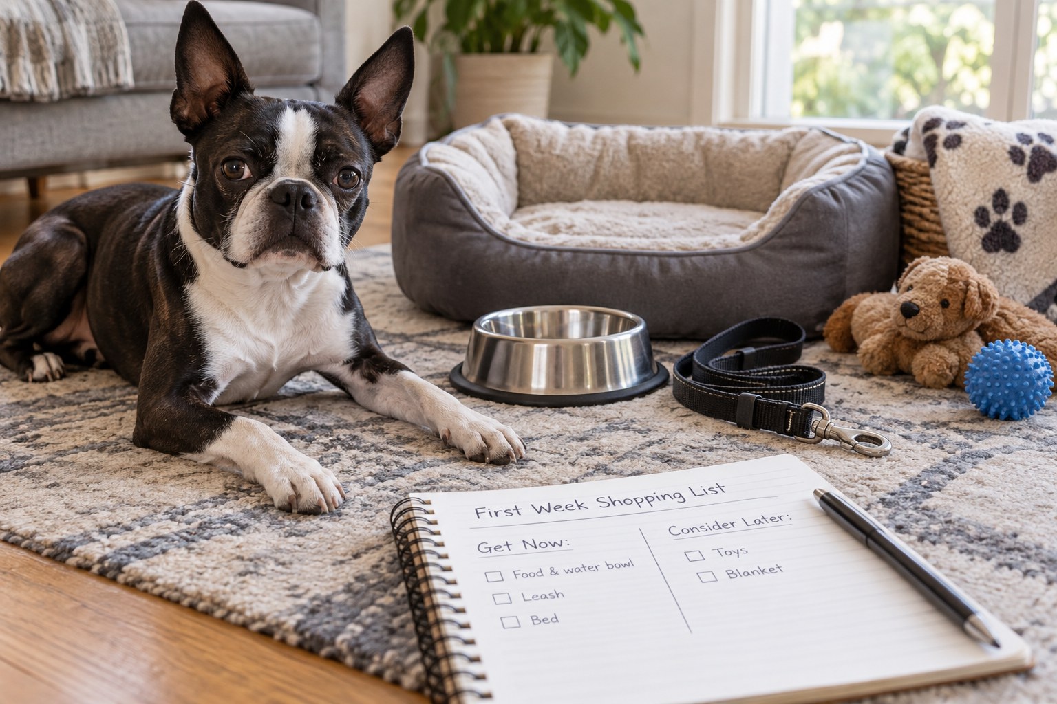 First-week dog supplies and a staged shopping notebook are arranged beside a Boston Terrier.