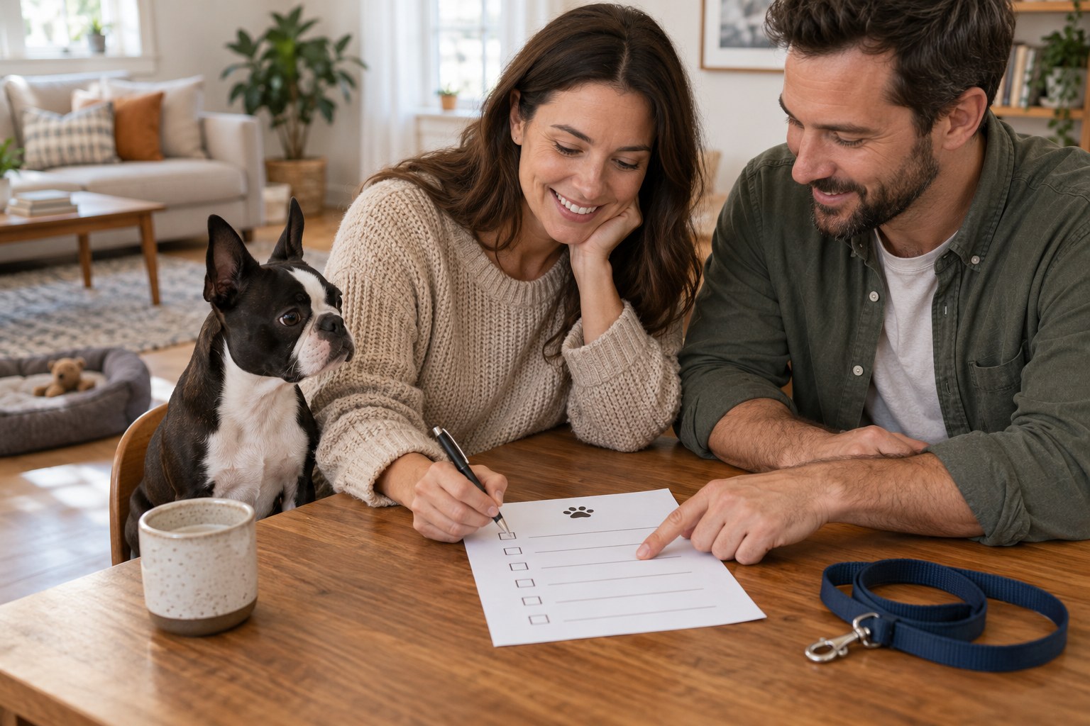 Two household adults agree on a short written care note beside a lead and a Boston Terrier.