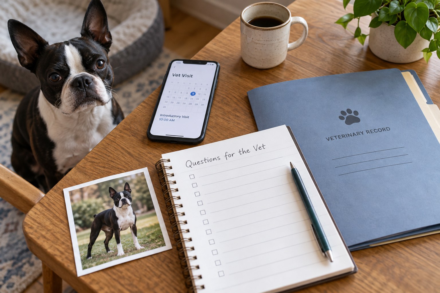 An appointment phone screen, question notebook and veterinary-record folder sit beside a Boston Terrier photograph.