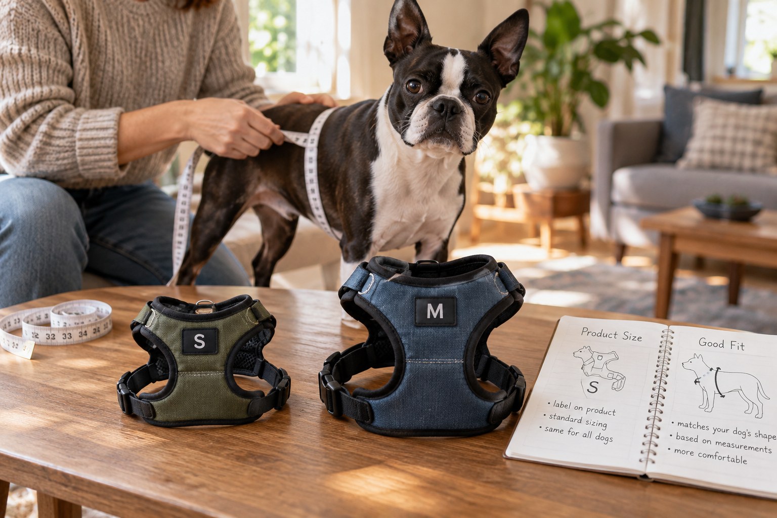 Two differently sized harnesses marked S and M are compared with a tape measure and a standing Boston Terrier.