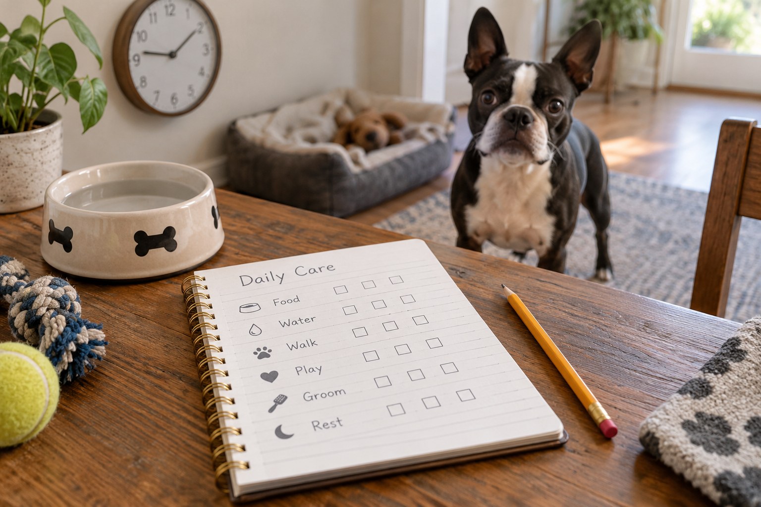 A daily-care notebook with checkbox rows lies beside a pencil, dog bowl and Boston Terrier.