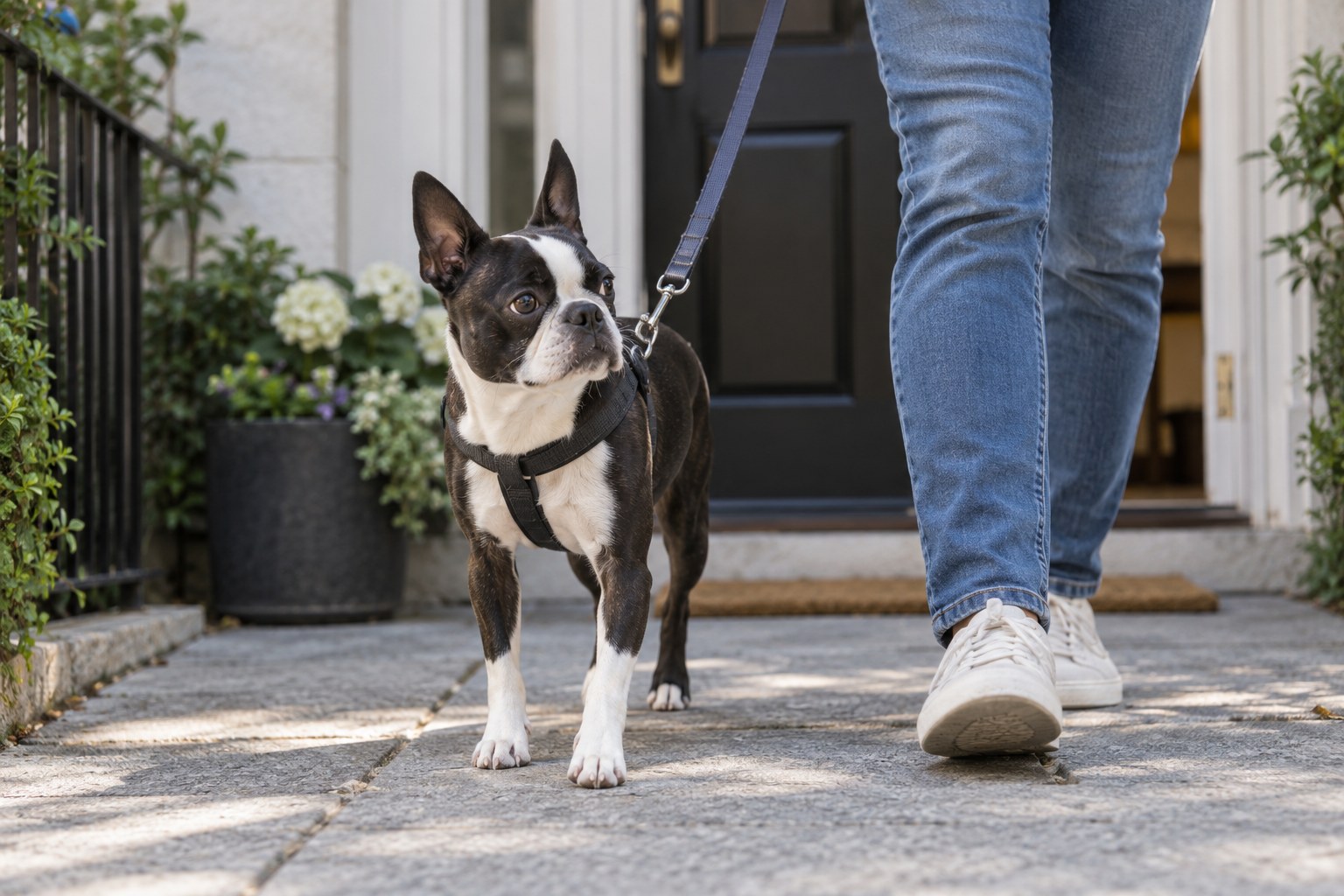A Boston Terrier on a loose lead walks beside an adult just outside a quiet home entrance.
