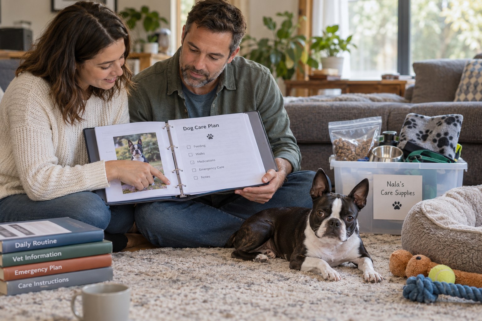 A dog owner and carer review an organised care folder beside household dog supplies.