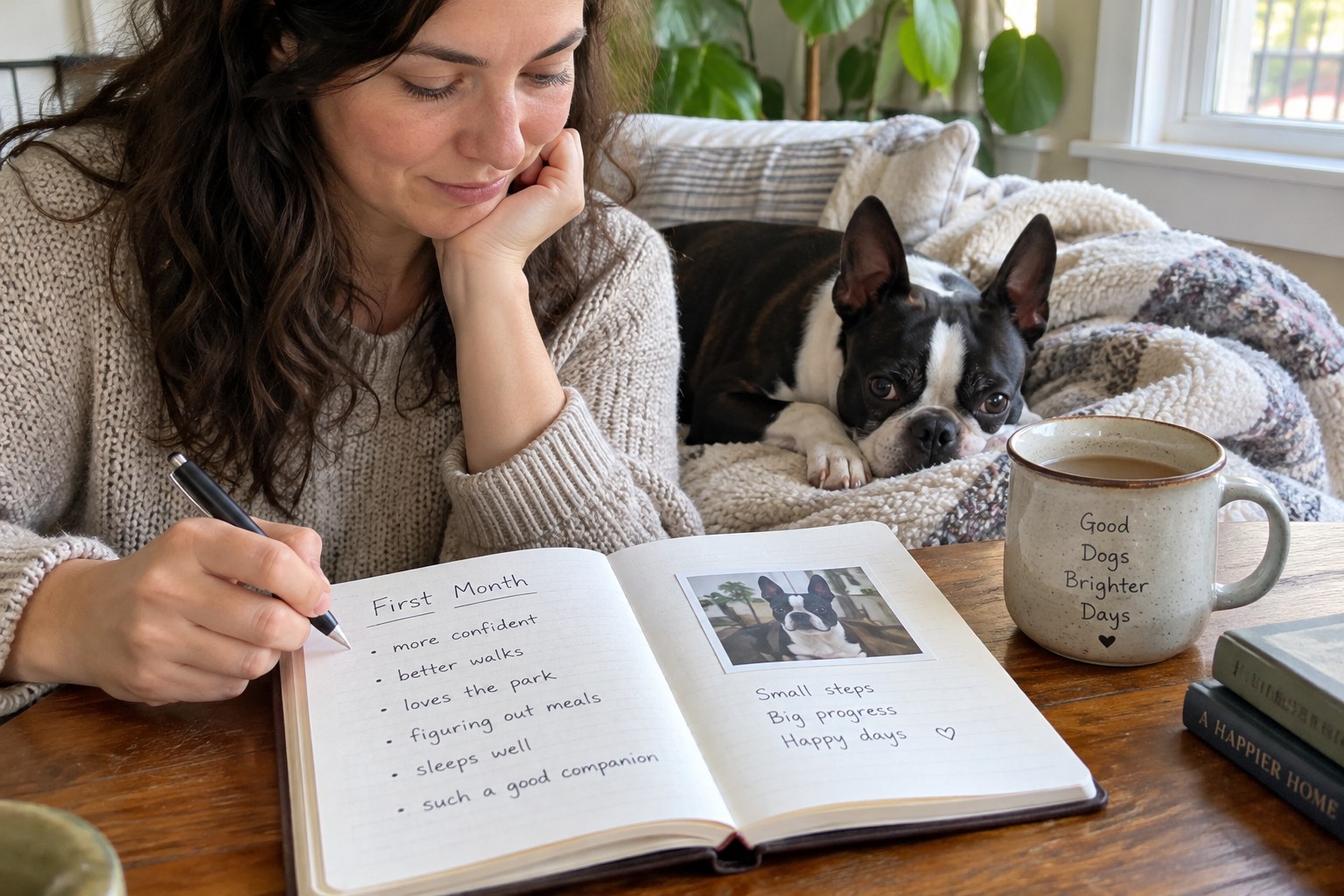 An adult reviews first-month care observations in a notebook while a Boston Terrier rests nearby.